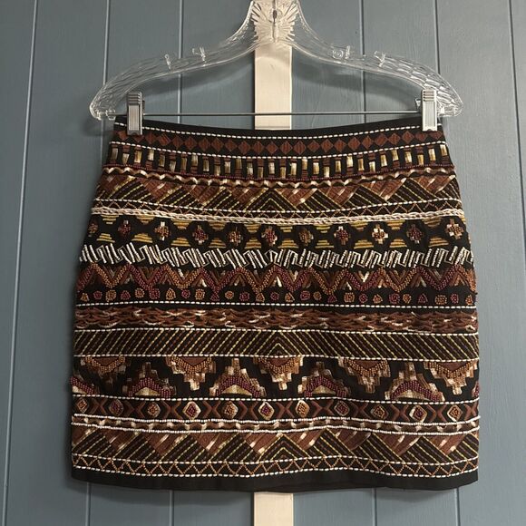 H&M Women's Embroidered and Beaded Mini Skirt Lined Size 6 Brown black - Picture 2 of 7